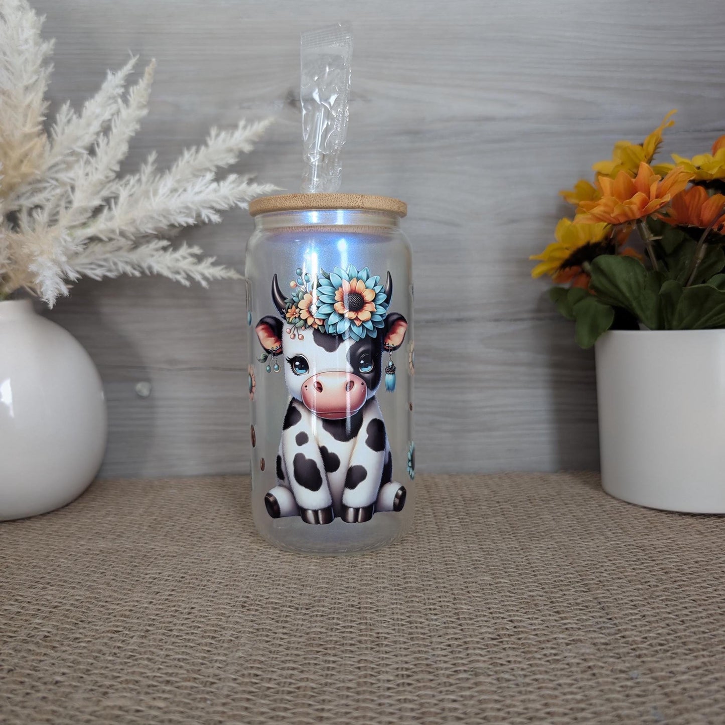 Floral Cow 16oz Frosted Glass Can