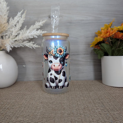 Floral Cow 16oz Frosted Glass Can