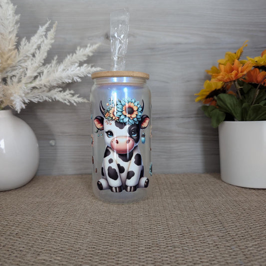 Floral Cow 16oz Frosted Glass Can