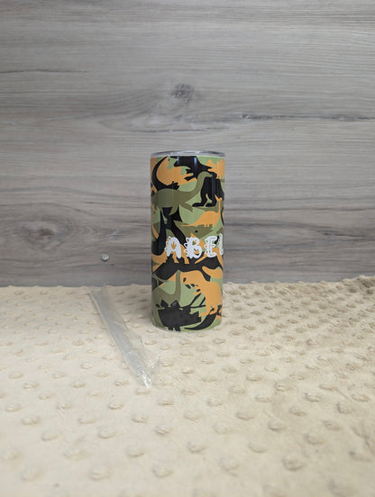 Personalized Camouflage Dinosaur Tumbler – Custom Name Kid’s Cup