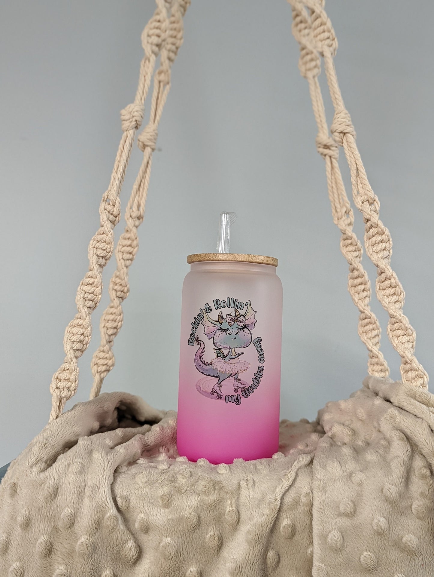 Pink Frosted Dragon Glass Cup – 16oz – “Rockin’ & Rollin’”