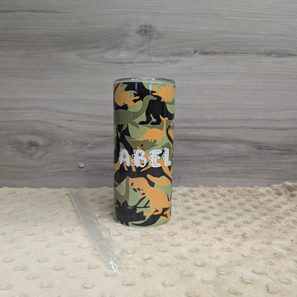 Personalized Camouflage Dinosaur Tumbler – Custom Name Kid’s Cup