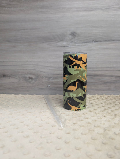 Personalized Camouflage Dinosaur Tumbler – Custom Name Kid’s Cup