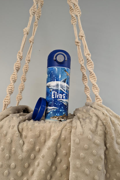 Personalized Kids Pop-Top Tumbler – Ocean Sharks Design with Flip Straw Lid