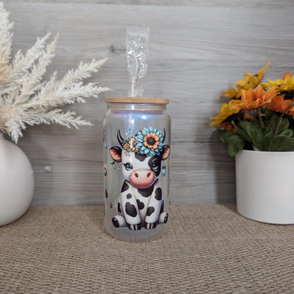 Floral Cow 16oz Frosted Glass Can