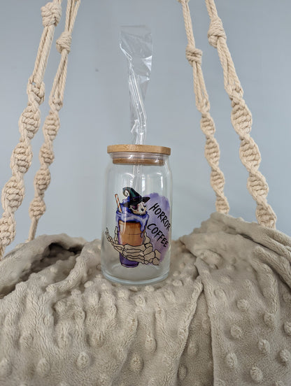 “Horror Coffee” Glass Cup – 16oz – Witchy Skeleton Iced Coffee Cup