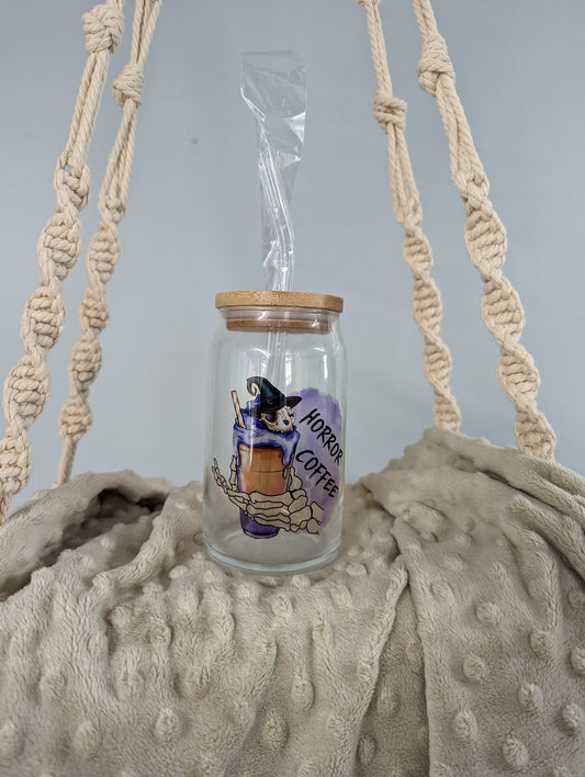 “Horror Coffee” Glass Cup – 16oz – Witchy Skeleton Iced Coffee Cup