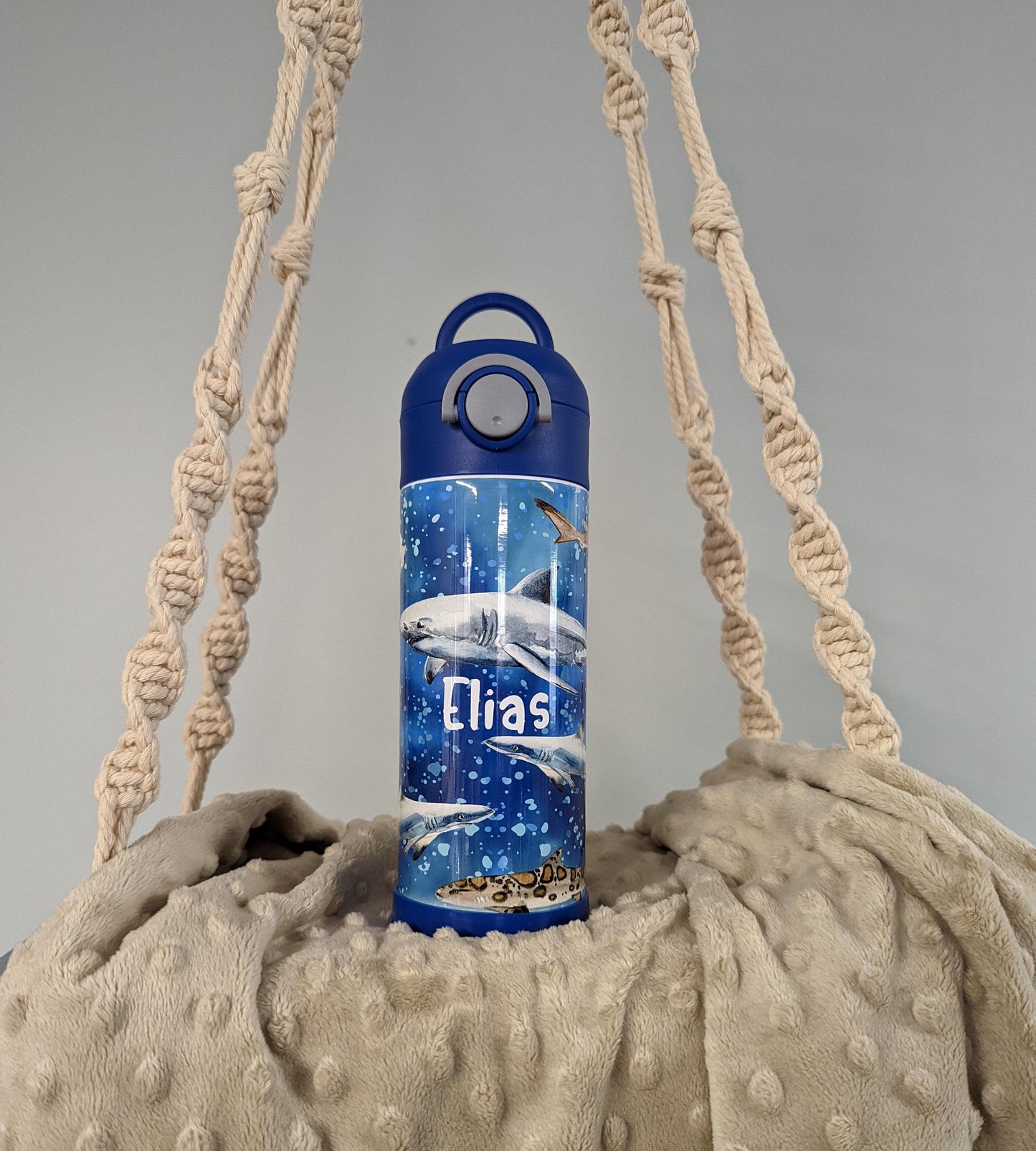 Personalized Kids Pop-Top Tumbler – Ocean Sharks Design with Flip Straw Lid