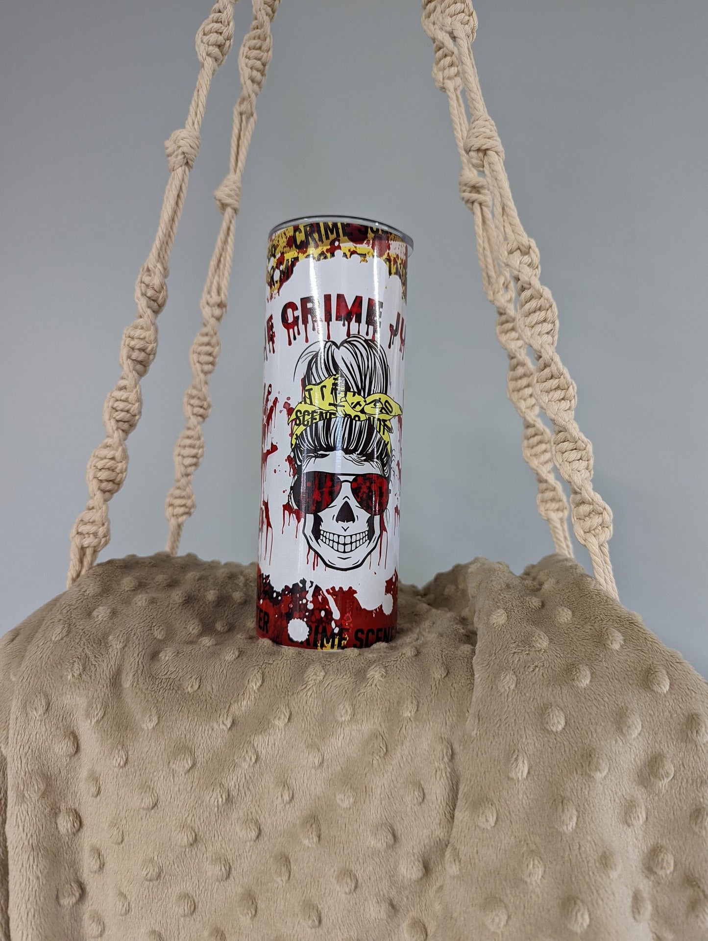 True Crime Junkie Tumbler – Bloody Skull & Crime Scene Design