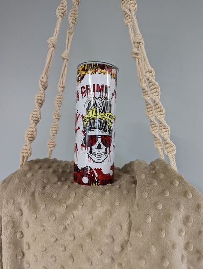 True Crime Junkie Tumbler – Bloody Skull & Crime Scene Design