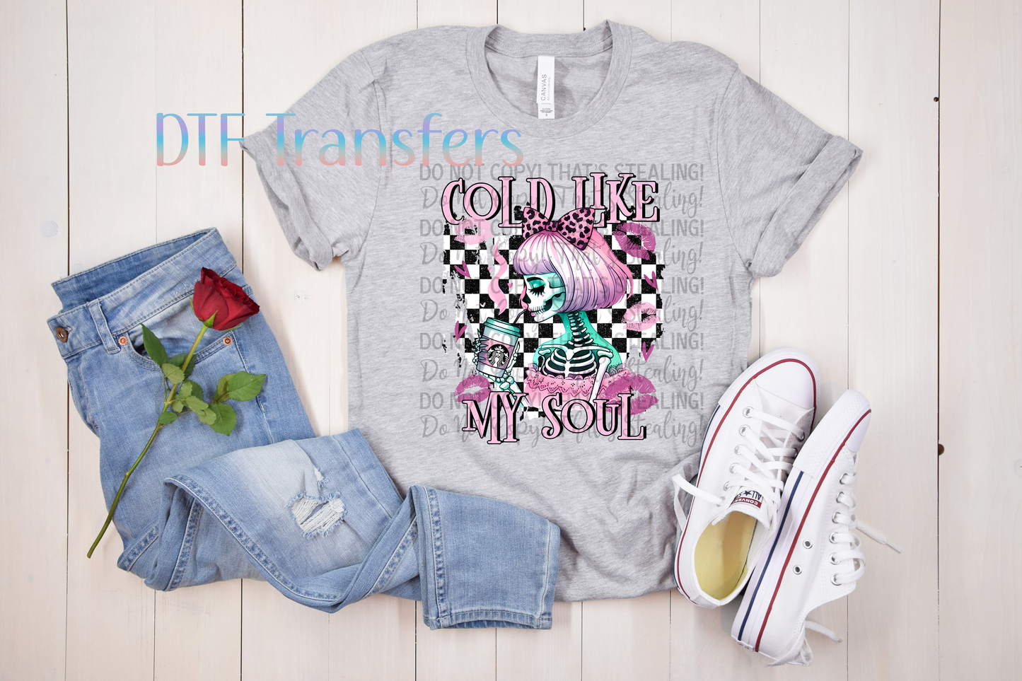 Cold Like My Soul DTF Transfer – Pink Skeleton Girl with Coffee