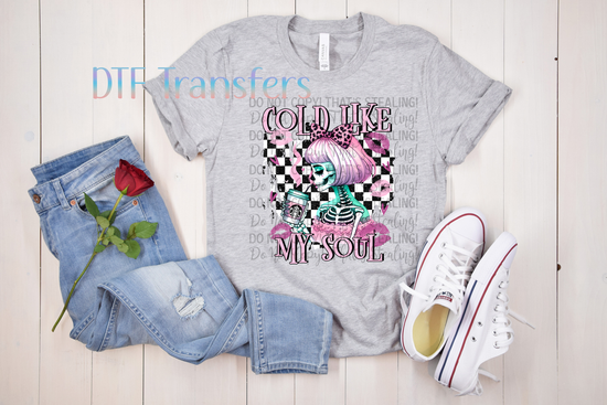 Cold Like My Soul DTF Transfer – Pink Skeleton Girl with Coffee