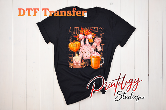 Fall Autumn Coffee DTF Transfer | Cozy Pumpkin & Bow Fall Vibes Design Tranfer