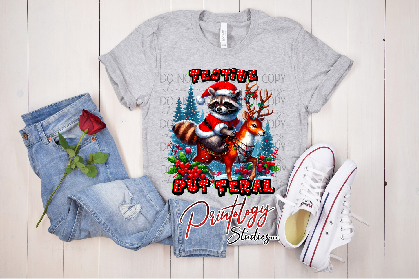 “Festive But Feral” Christmas Raccoon DTF Transfer
