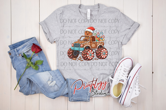 Gingerbread & Peppermint Monster Truck Christmas DTF Transfer