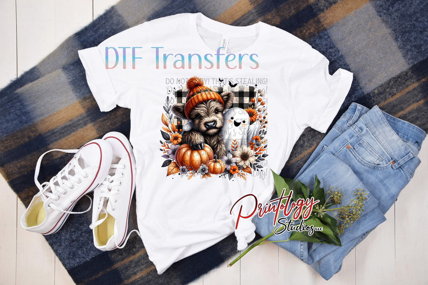 Fall Highland Cow & Ghost DTF Transfer – Autumn Buffalo Plaid Pumpkin Design