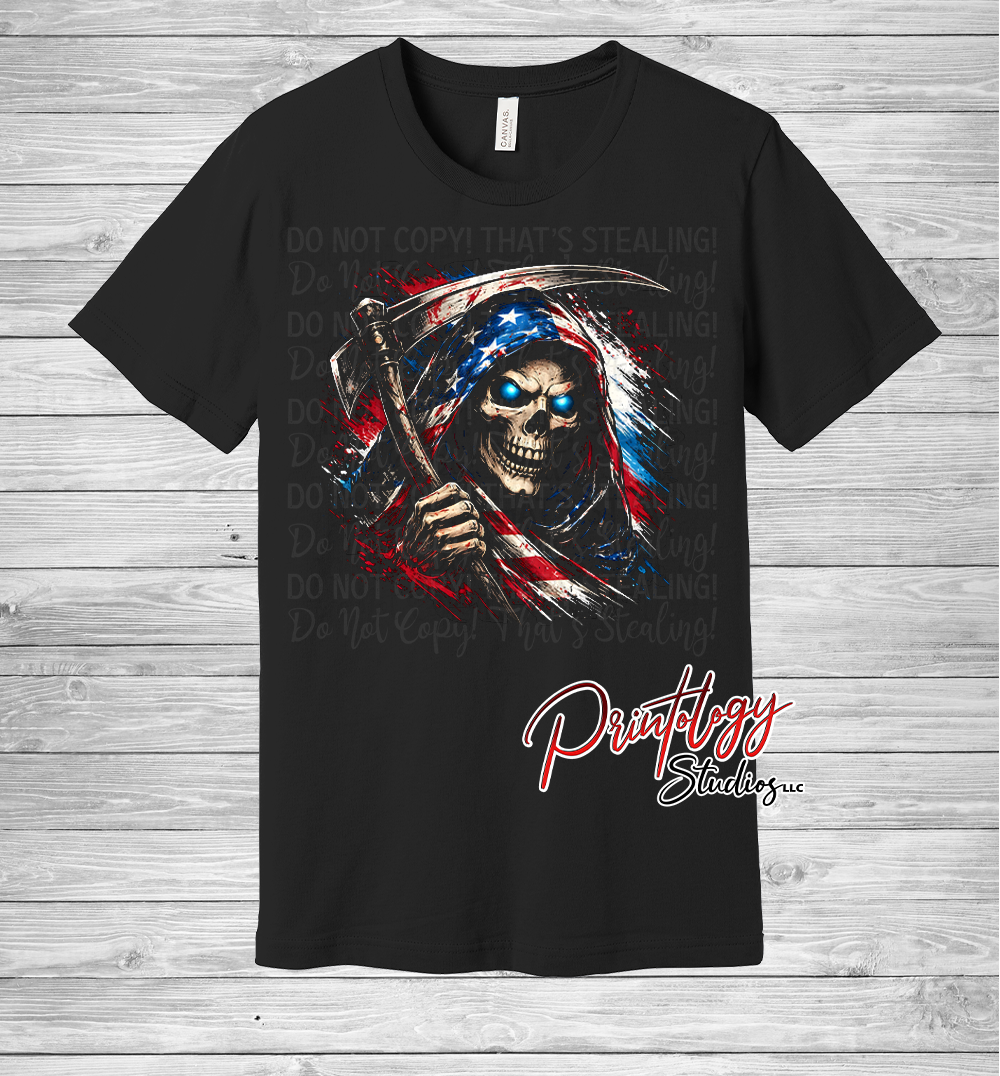 Patriotic Reaper T-Shirt – Grim Reaper American Flag Graphic Tee
