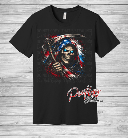 Patriotic Reaper T-Shirt – Grim Reaper American Flag Graphic Tee