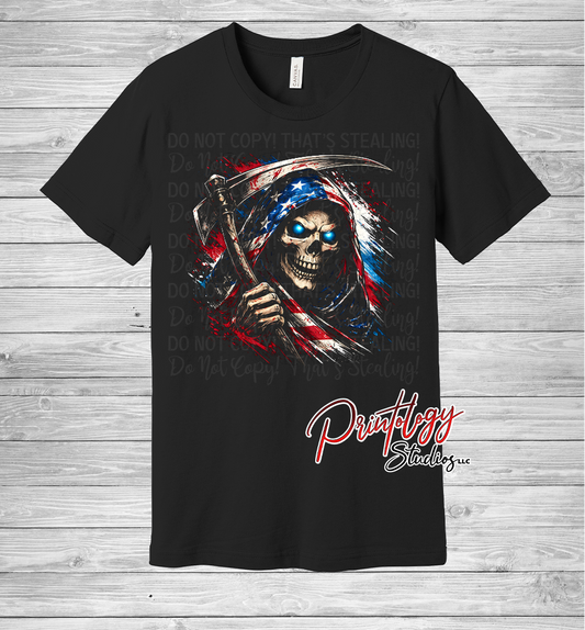 Patriotic Reaper T-Shirt – Grim Reaper American Flag Graphic Tee