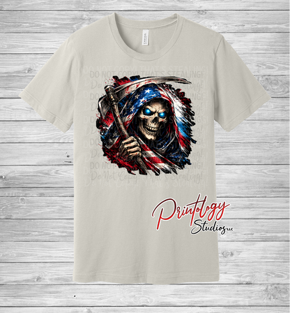 Patriotic Reaper T-Shirt – Grim Reaper American Flag Graphic Tee