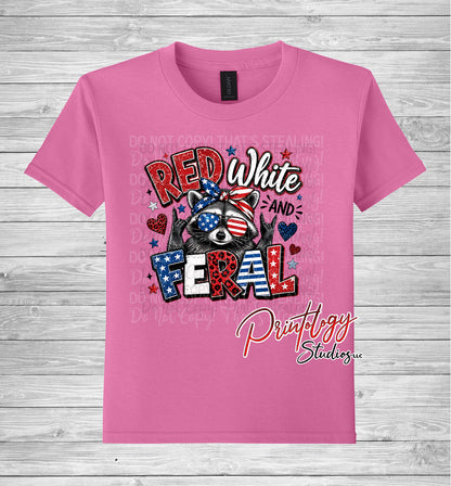 Youth Red White & Feral Raccoon Patriotic T-Shirt