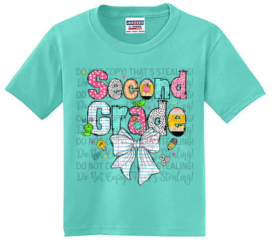 Youth Second Grade Shirt with Cute Bow & School Supplies