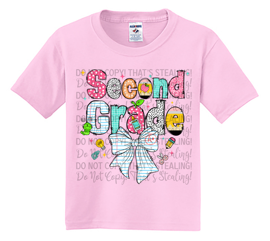Youth Second Grade Shirt with Cute Bow & School Supplies