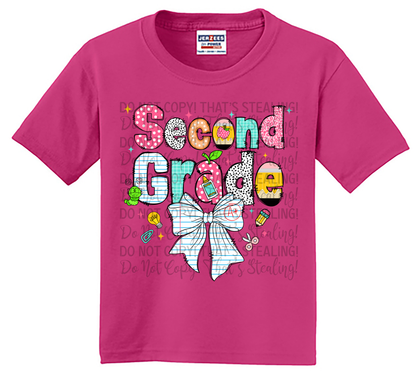 Youth Second Grade Shirt with Cute Bow & School Supplies