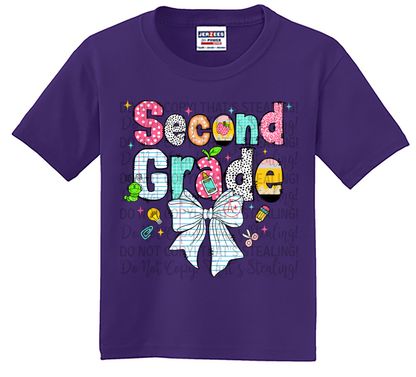 Youth Second Grade Shirt with Cute Bow & School Supplies