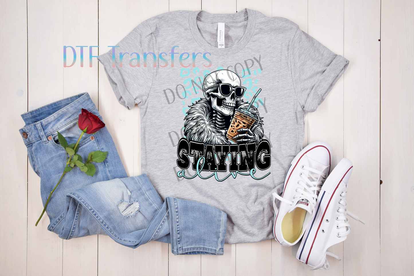 “Staying Alive” Skeleton Coffee DTF Transfer