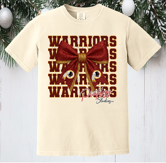 Warriors Glitter Look Bow T-Shirt – Cardinal & Gold - Comfort Colors