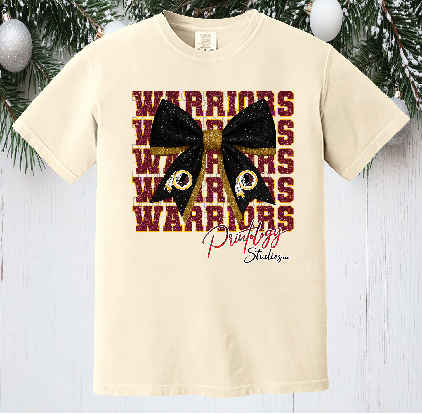 Warriors Glitter Look Bow Tee – Black & Gold Edition - Comfort Colors