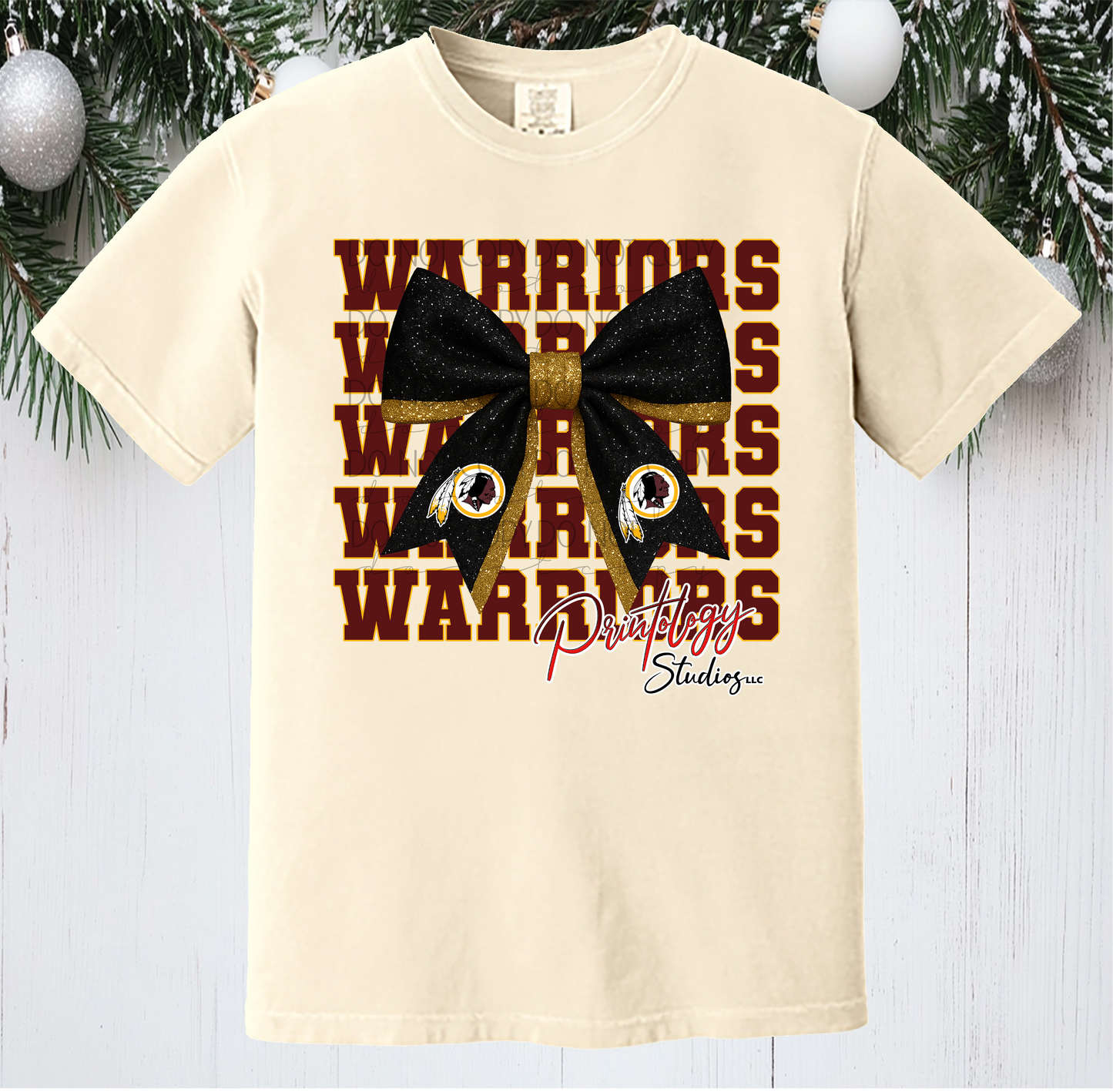 Warriors Glitter Look Bow T-Shirt – Cardinal & Gold - Comfort Colors