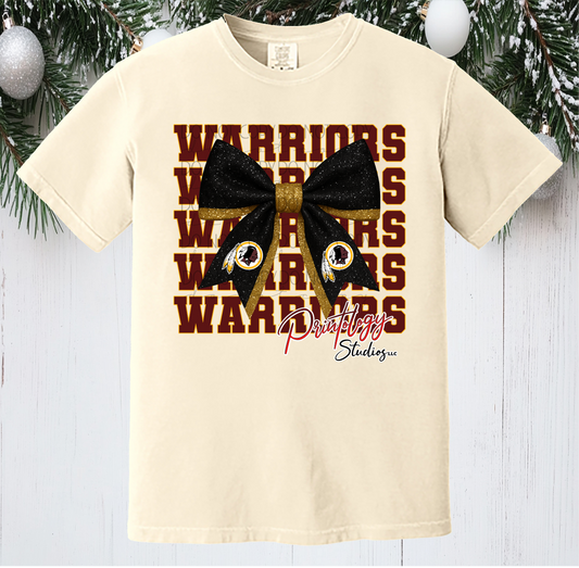 Warriors Glitter Look Bow T-Shirt – Cardinal & Gold - Comfort Colors
