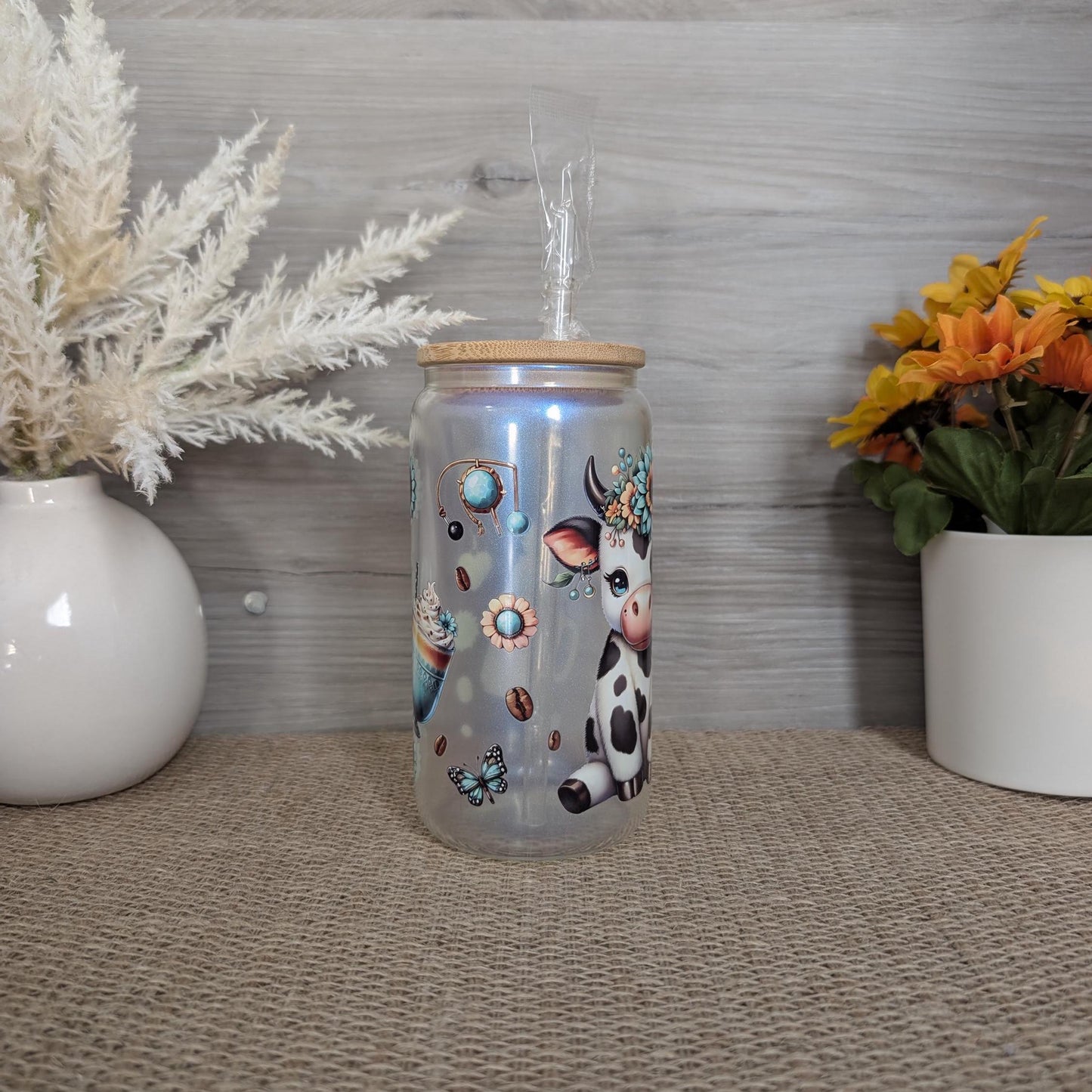 Floral Cow 16oz Frosted Glass Can
