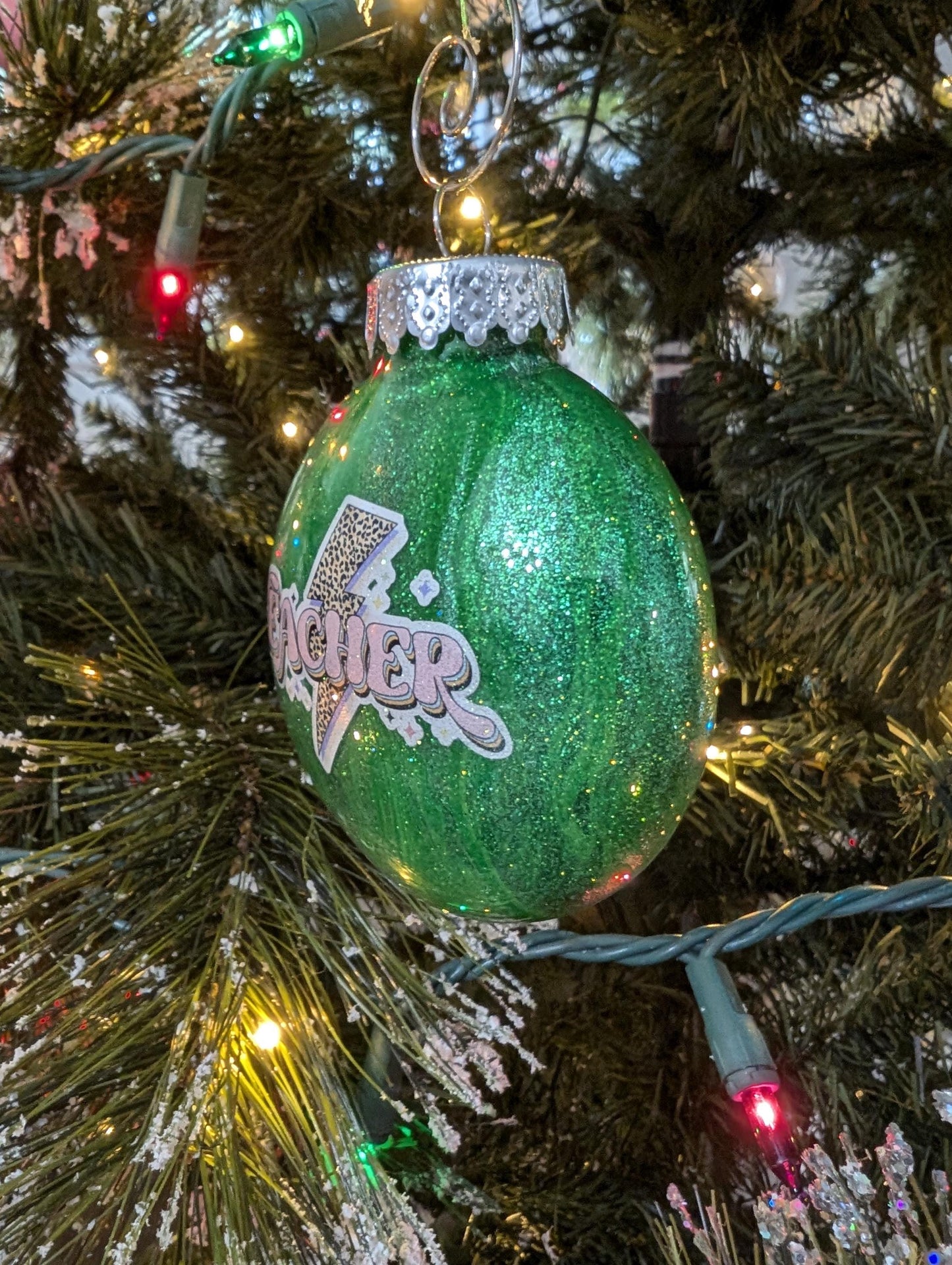 Handmade Green Glitter “Teacher” Ornament