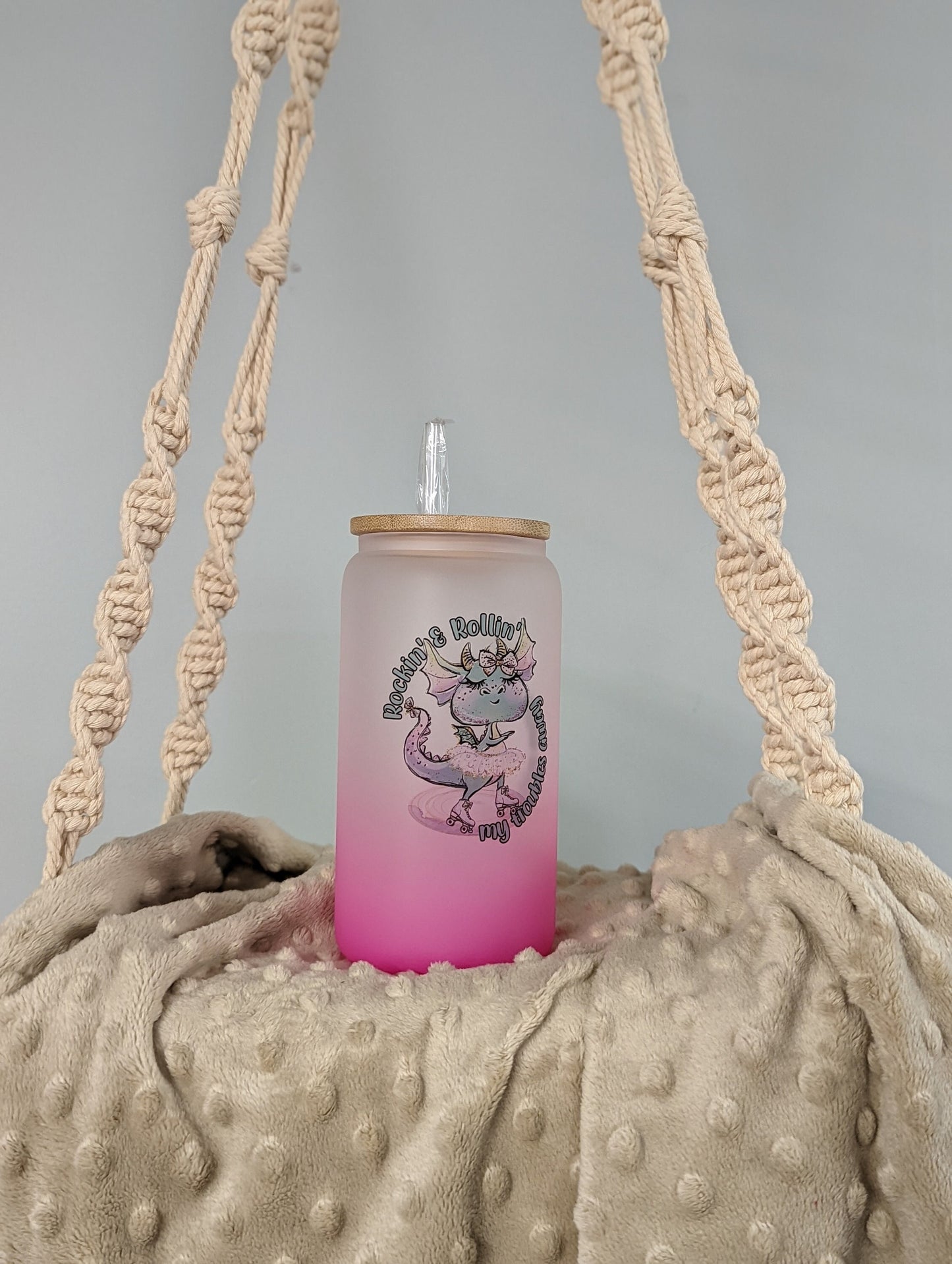 Pink Frosted Dragon Glass Cup – 16oz – “Rockin’ & Rollin’”