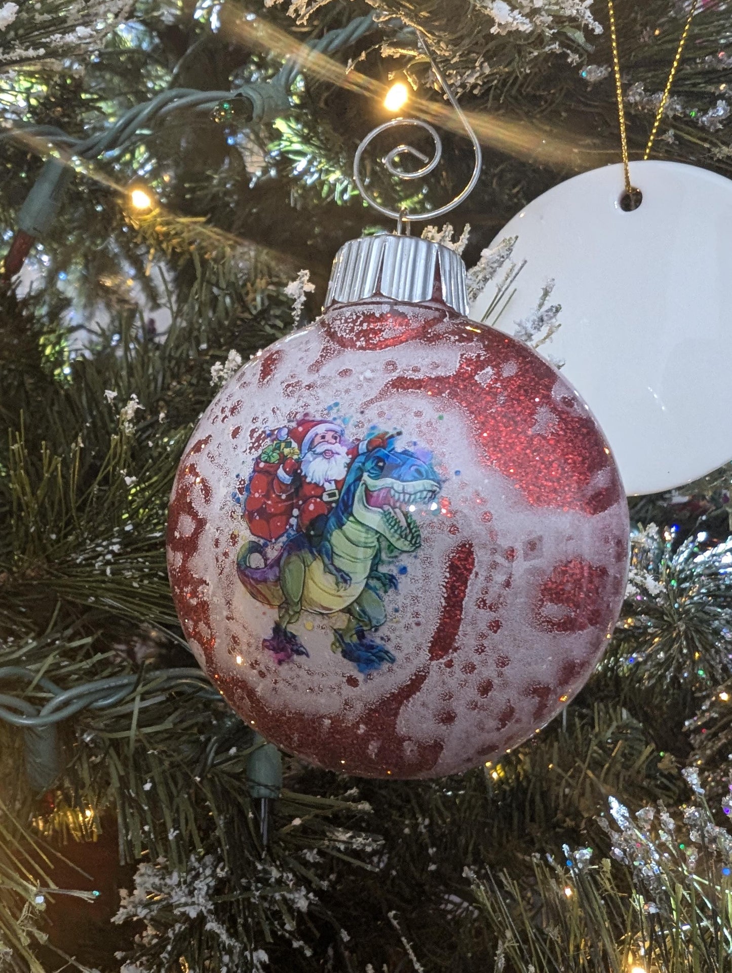 Santa Riding a Dinosaur Ornament | Handmade