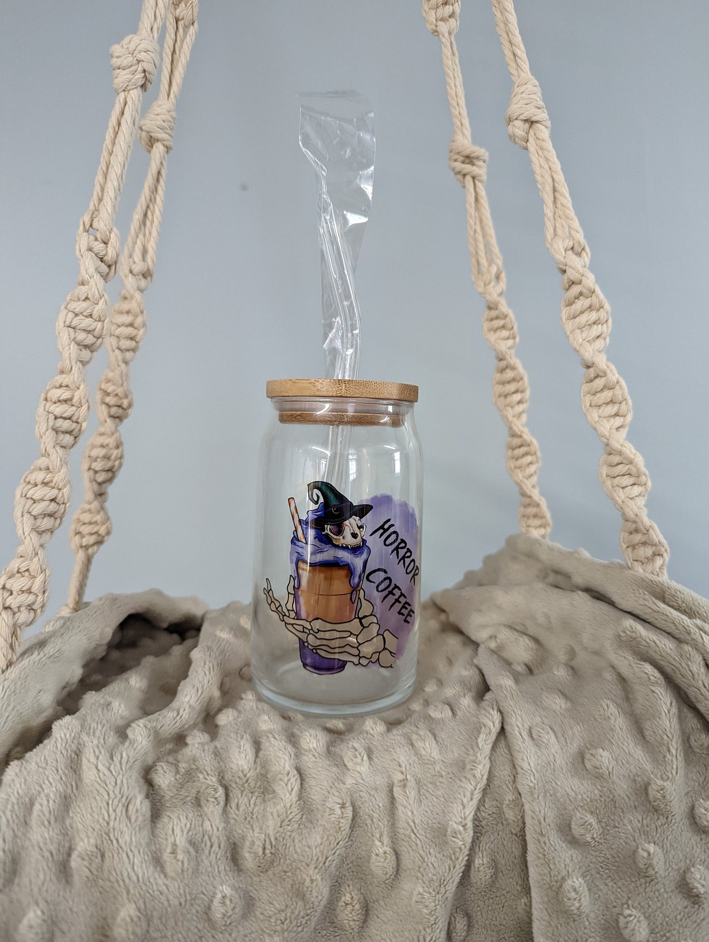 “Horror Coffee” Glass Cup – 16oz – Witchy Skeleton Iced Coffee Cup