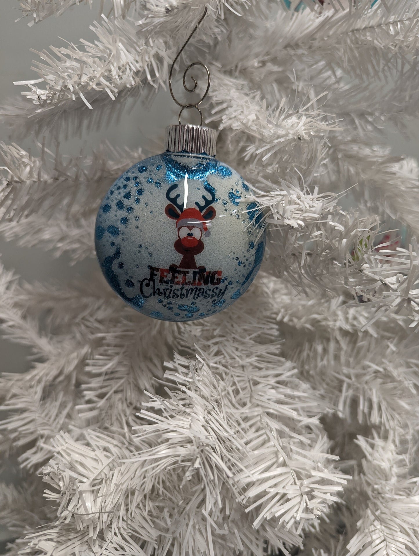 “Feeling Christmassy” Handmade Ornament | Blue Glitter Reindeer Ornament