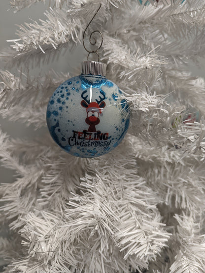“Feeling Christmassy” Handmade Ornament | Blue Glitter Reindeer Ornament