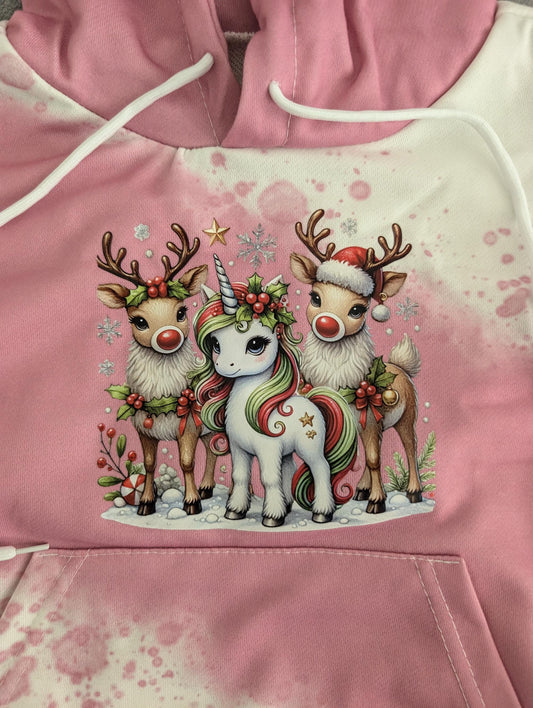 Pink Christmas Unicorn & Reindeer Hoodie – Kids Holiday Pullover