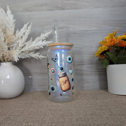 Floral Cow 16oz Frosted Glass Can