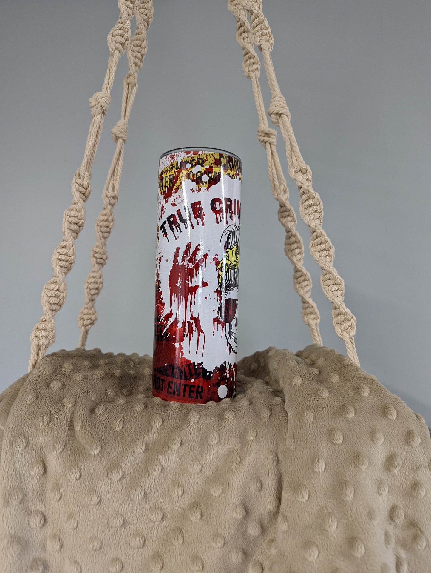 True Crime Junkie Tumbler – Bloody Skull & Crime Scene Design