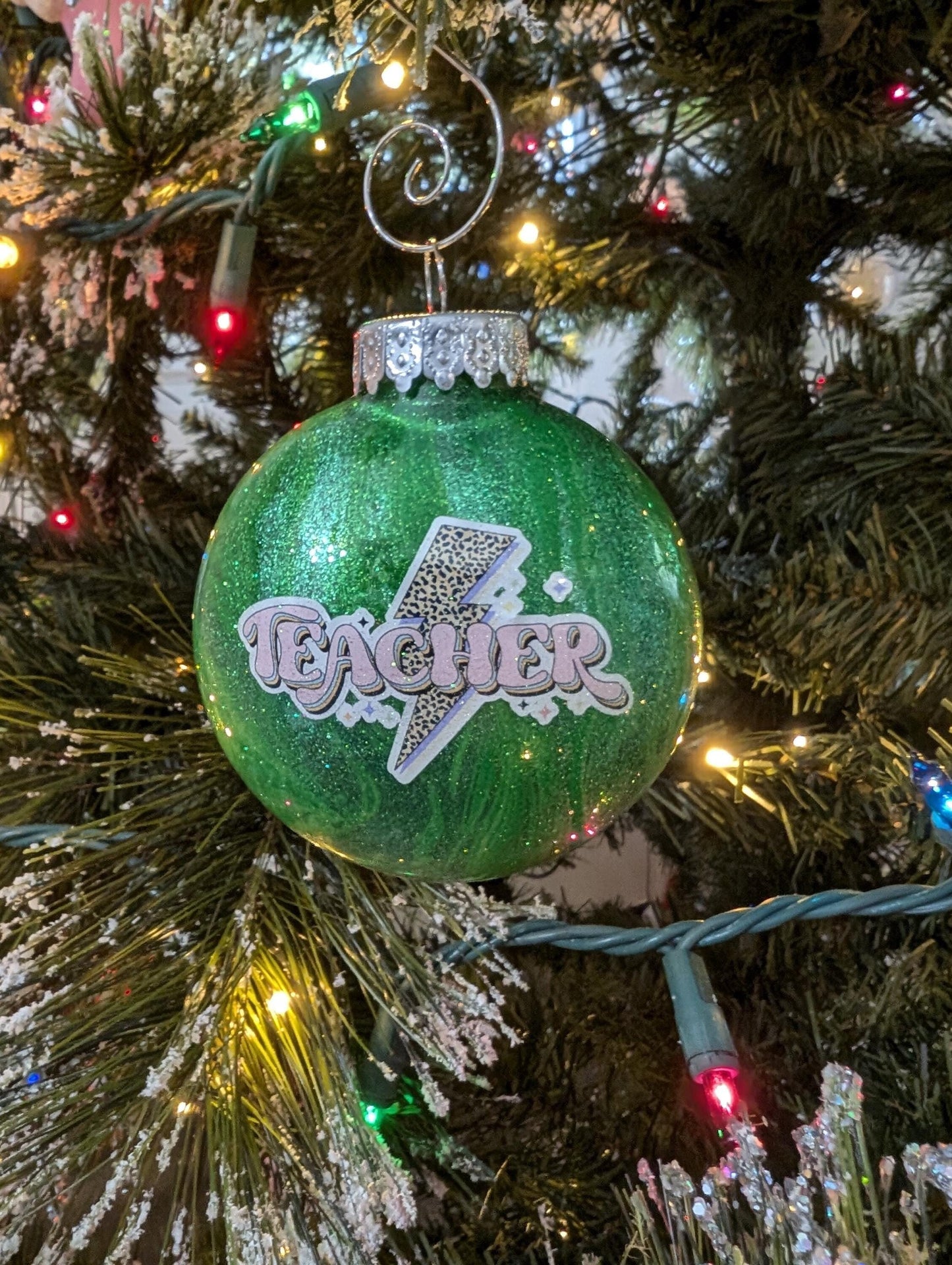 Handmade Green Glitter “Teacher” Ornament