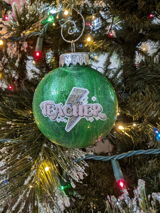 Handmade Green Glitter “Teacher” Ornament