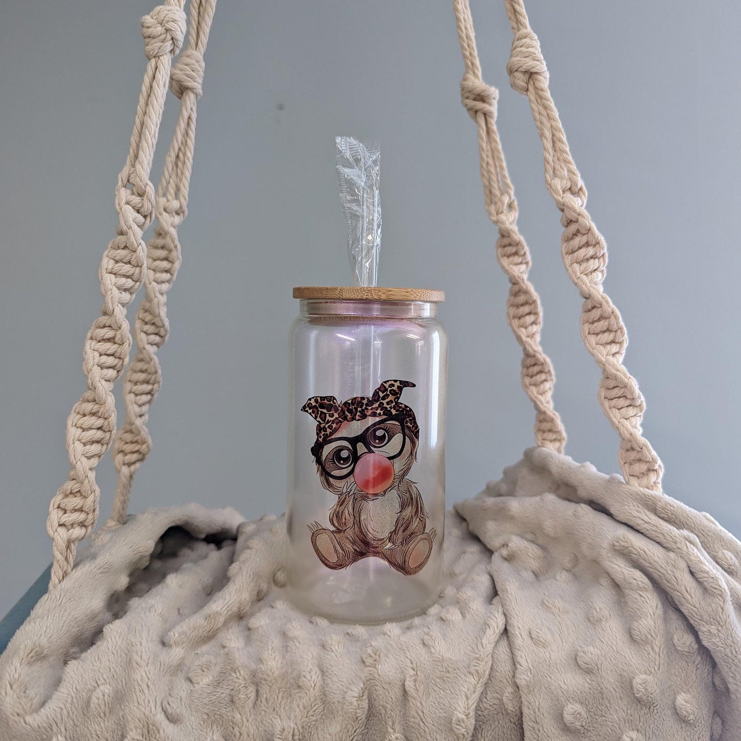 Leopard Bow Bubblegum Sloth Glass Can