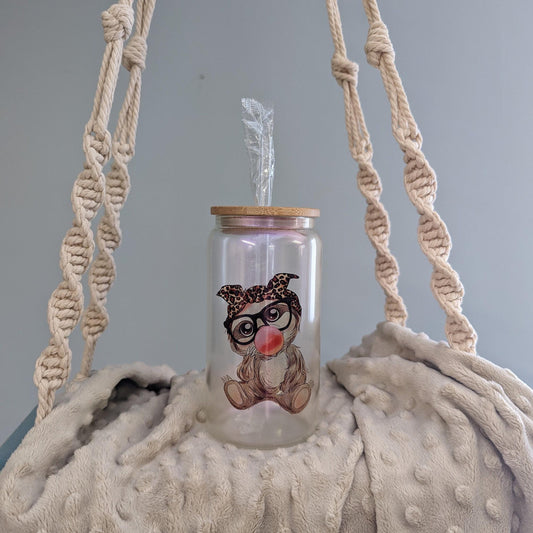 Leopard Bow Bubblegum Sloth Glass Can