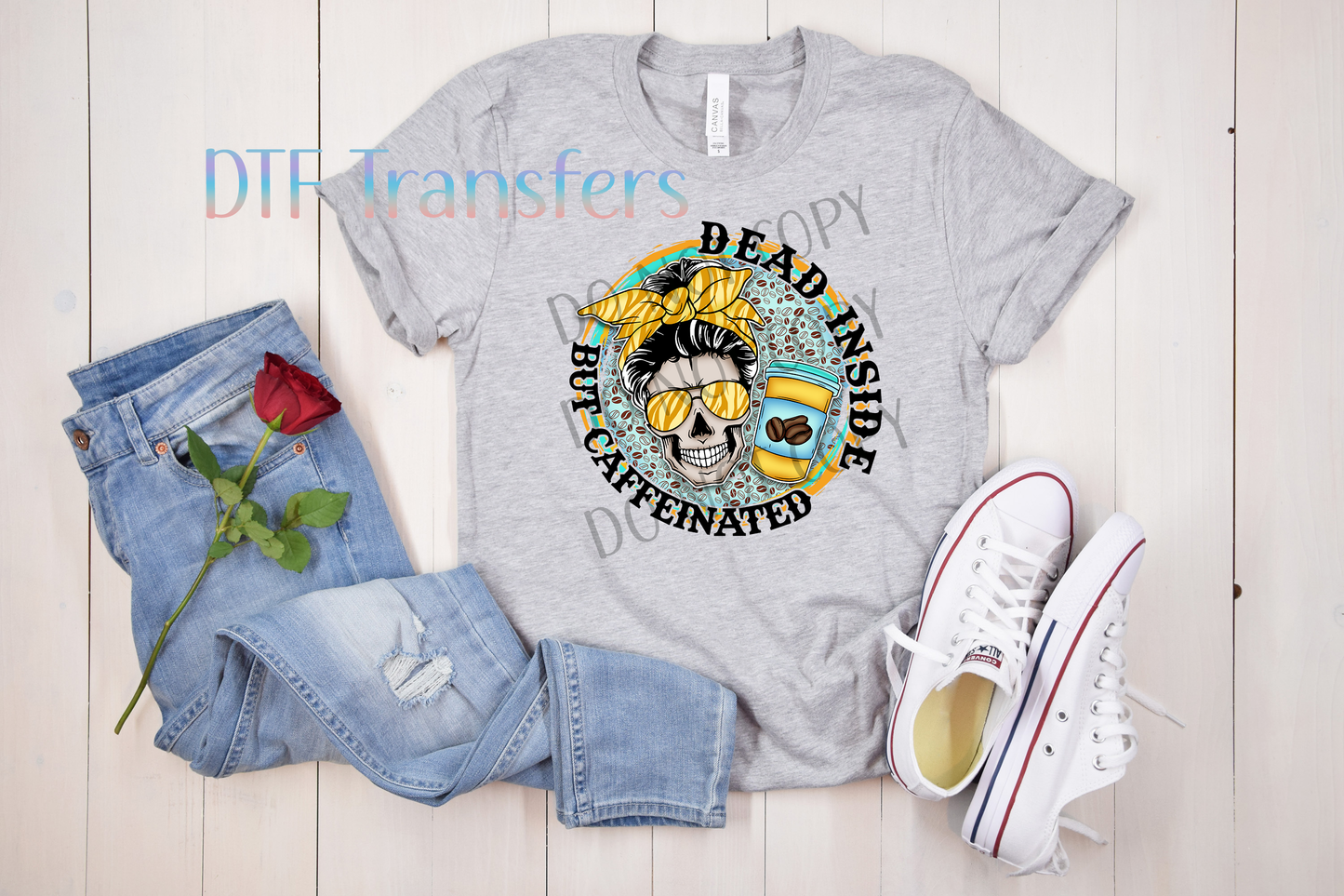 Dead Inside But Caffeinated – Retro Skull Coffee DTF Transfer