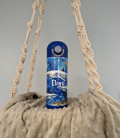 Personalized Kids Pop-Top Tumbler – Ocean Sharks Design with Flip Straw Lid